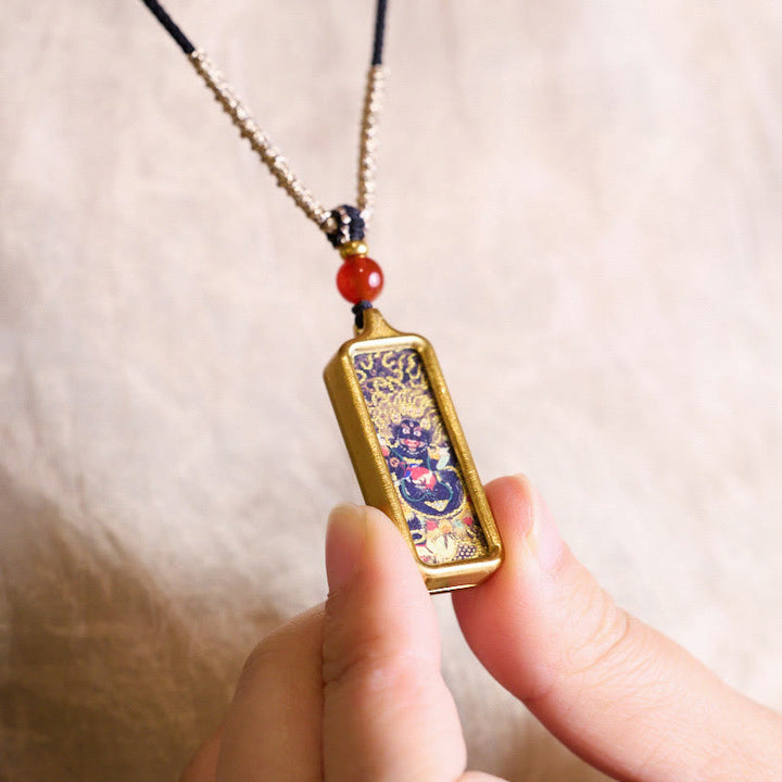 Buddha Stones Tibet Zakiram Gelber Gott des Reichtums Neunschwänziger Fuchs Handbemalter Thangka Ruhiger Halskettenanhänger - image 6
