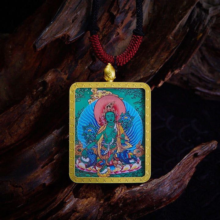 Buddha Stones, tibetischer Zakiram, neunschwänziger Fuchs, gelber Gott des Reichtums, bemalt, Thangka, Hoffnung, Halskettenanhänger - Grüne Tara - image 12