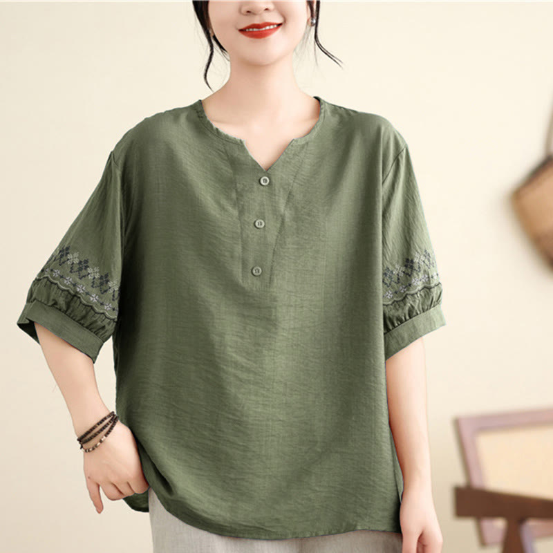 Buddha Stones Vintage Halbarmliges Baumwoll-Leinen-T-Shirt mit Stickdesign - image 1