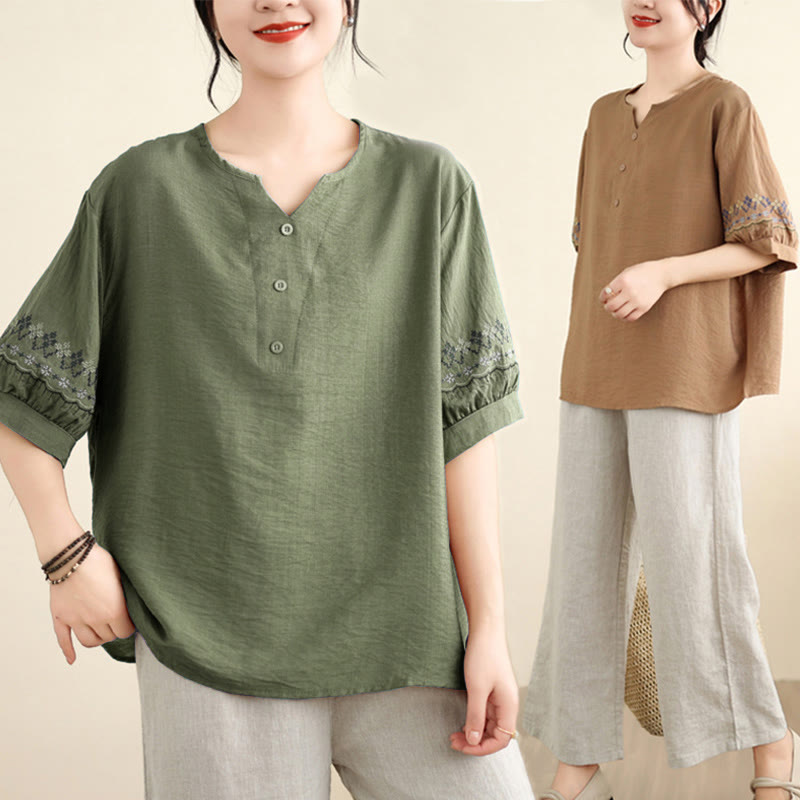 Buddha Stones Vintage Halbarmliges Baumwoll-Leinen-T-Shirt mit Stickdesign - image 3