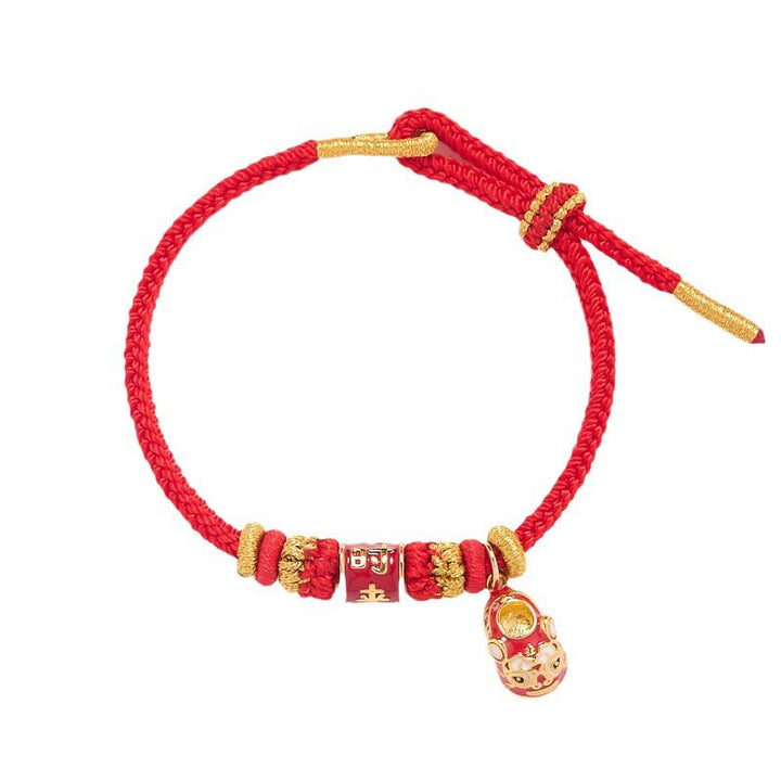 Buddha Stones , rote Schnur, vergoldetes Kupfer, Shi Lai Yun Zhuan Schuh-Anhänger, Schutz, geflochtenes Armband