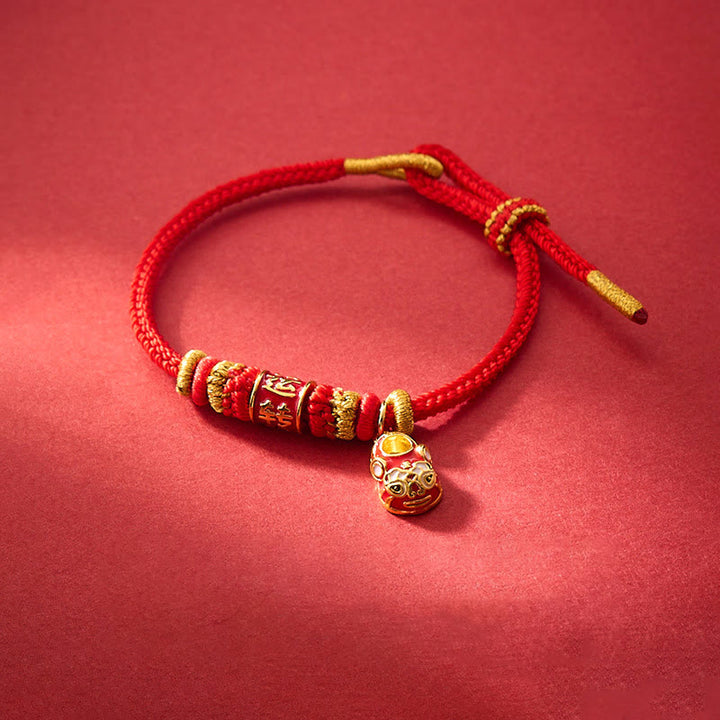 Buddha Stones , rote Schnur, vergoldetes Kupfer, Shi Lai Yun Zhuan Schuh-Anhänger, Schutz, geflochtenes Armband