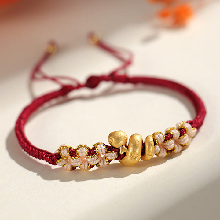 Buddha Stones Handgemachtes 999 Sterling Silber Jahr der Schlange Rote Schnur Herz Pfirsichblüte Glücksarmband - Dunkelroter String 999 Sterling Silber (Handgelenkumfang: 15-18cm) - image 8