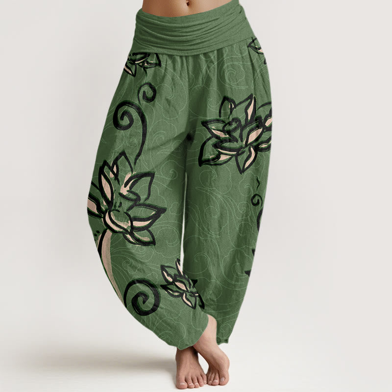 Lässige Haremshose mit Buddha Stones und Lotusblüte, glückverheißende Wolken, elastische Taille für Damen - MittelMeergrün - US22， UK/AU26，EU54 (6XL) - image 1
