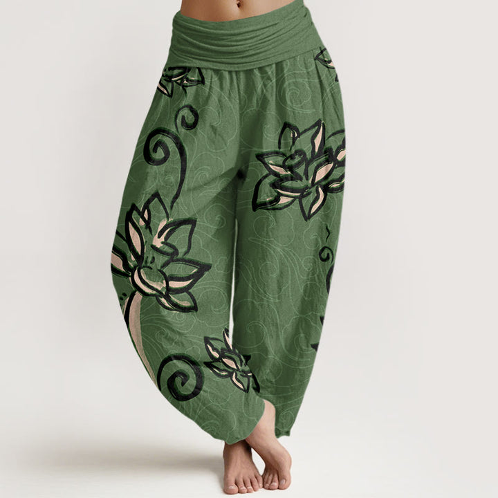 Lässige Haremshose mit Buddha Stones und Lotusblüte, glückverheißende Wolken, elastische Taille für Damen - MittelMeergrün - US22， UK/AU26，EU54 (6XL) - image 1