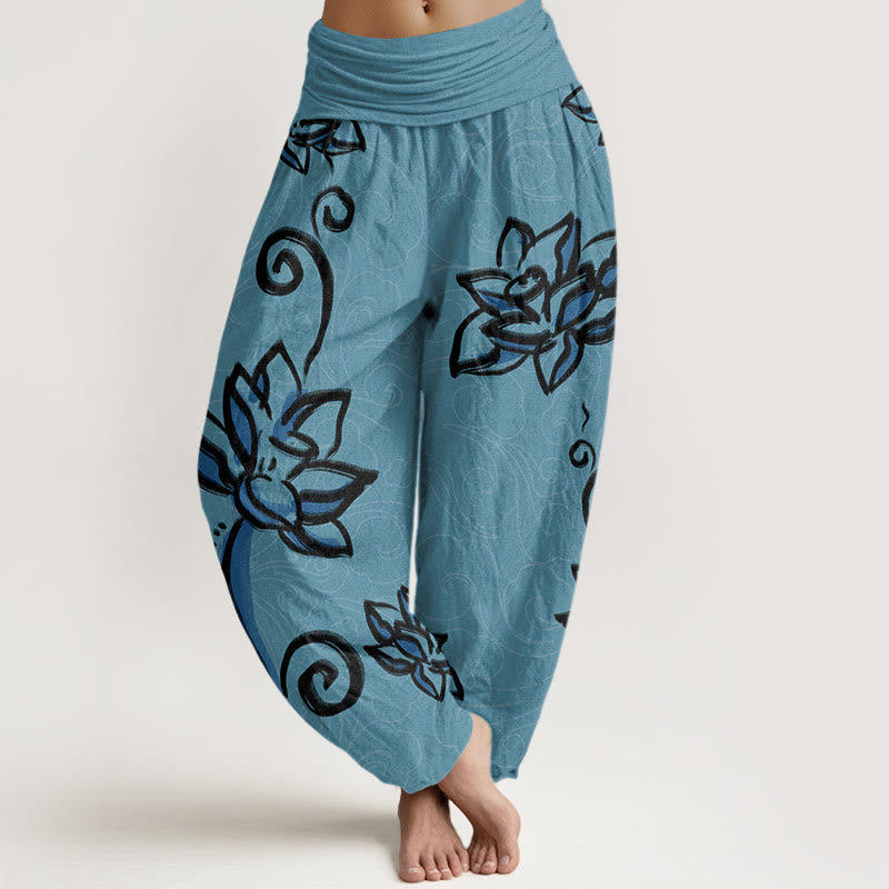 Lässige Haremshose mit Buddha Stones und Lotusblüte, glückverheißende Wolken, elastische Taille für Damen - Mitteltürkis - US22， UK/AU26，EU54 (6XL) - image 5