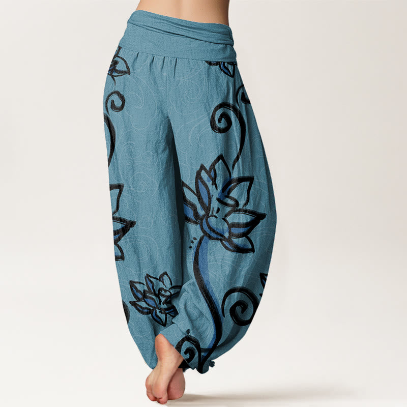 Lässige Haremshose mit Buddha Stones und Lotusblüte, glückverheißende Wolken, elastische Taille für Damen - image 6