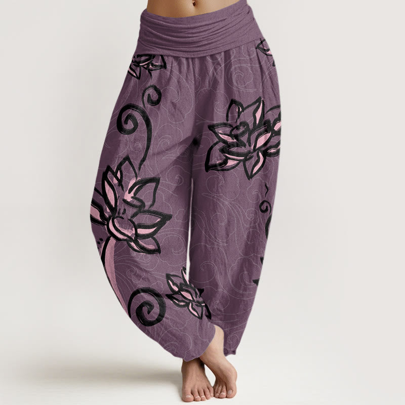 Lässige Haremshose mit Buddha Stones und Lotusblüte, glückverheißende Wolken, elastische Taille für Damen - DunkelMagenta - US22， UK/AU26，EU54 (6XL) - image 8