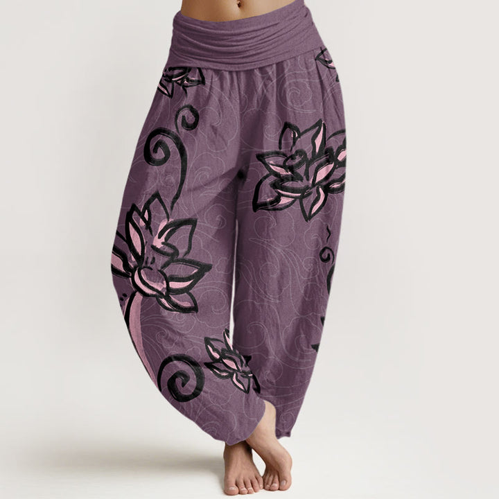 Lässige Haremshose mit Buddha Stones und Lotusblüte, glückverheißende Wolken, elastische Taille für Damen - DunkelMagenta - US22， UK/AU26，EU54 (6XL) - image 8