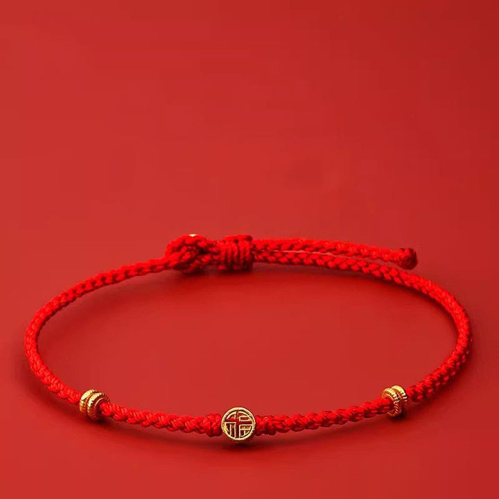 Buddha Stones Handgemachtes geflochtenes rotes Band 925 Sterling Silber Fu Charakter Glücksarmband - Rotes Armband aus 925er Sterlingsilber (Handgelenkumfang: 14-19 cm) - image 0