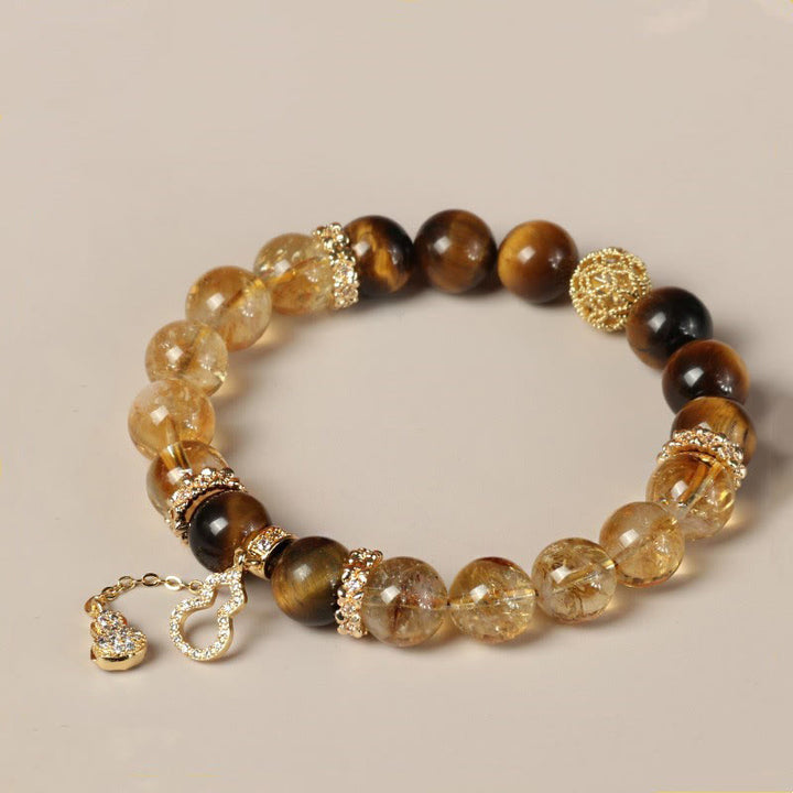 Buddha Stones Armband mit natürlichen Tigerauge- und Citrinperlen, Glückskürbis, Stärke