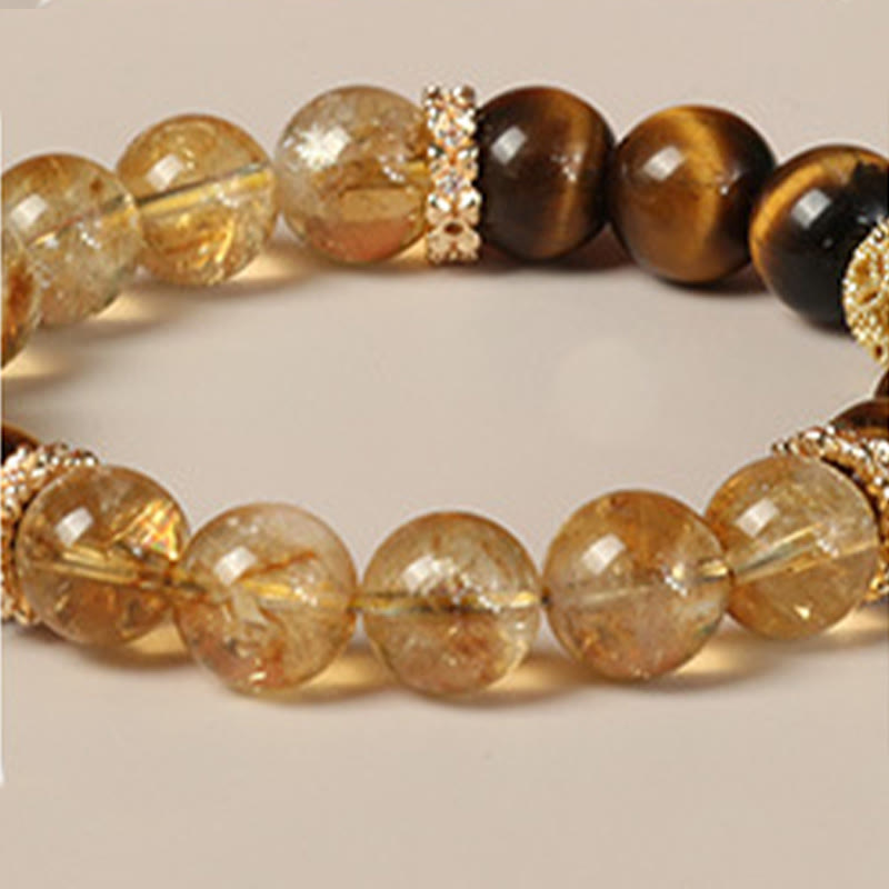 Buddha Stones Armband mit natürlichen Tigerauge- und Citrinperlen, Glückskürbis, Stärke