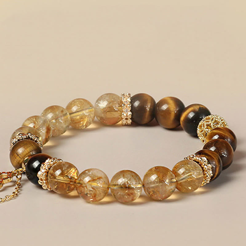 Buddha Stones Armband mit natürlichen Tigerauge- und Citrinperlen, Glückskürbis, Stärke