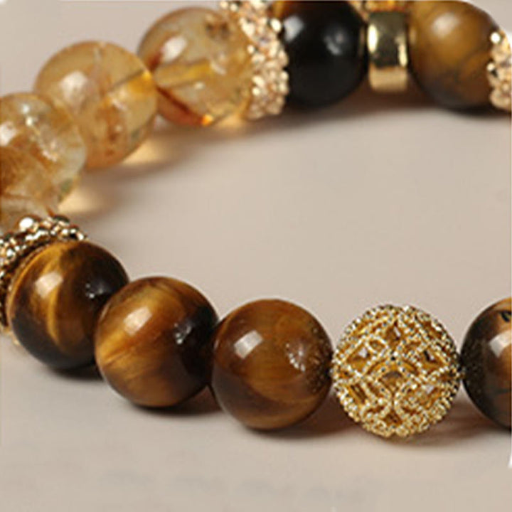 Buddha Stones Armband mit natürlichen Tigerauge- und Citrinperlen, Glückskürbis, Stärke