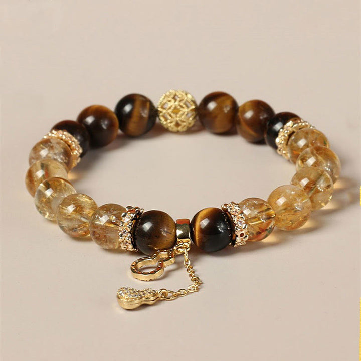 Buddha Stones Armband mit natürlichen Tigerauge- und Citrinperlen, Glückskürbis, Stärke