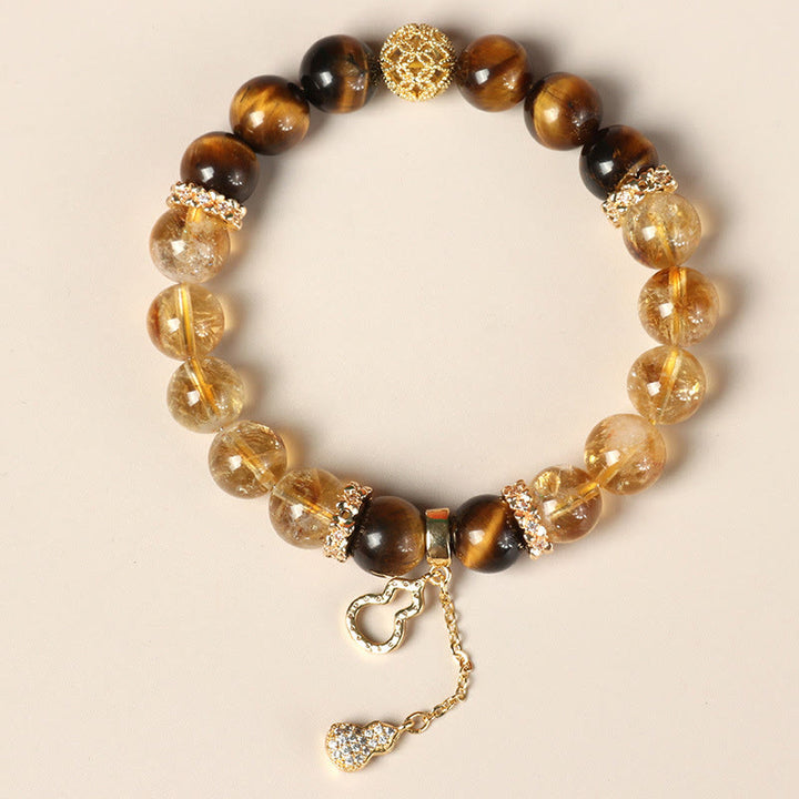 Buddha Stones Armband mit natürlichen Tigerauge- und Citrinperlen, Glückskürbis, Stärke