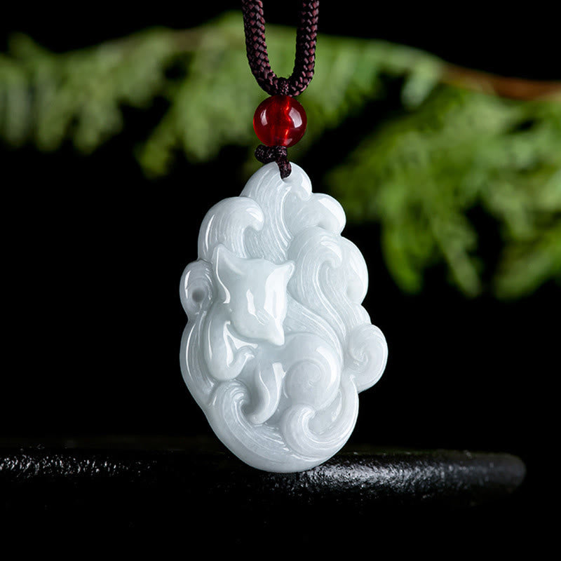 Buddha Stones Halskette mit Anhänger aus natürlicher Jade mit neunschwänzigem Fuchs