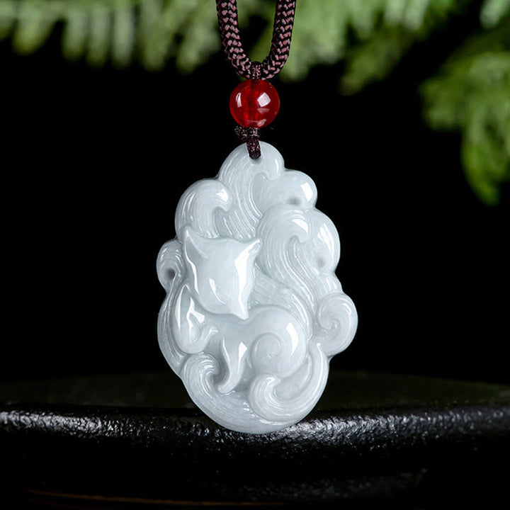 Buddha Stones Halskette mit Anhänger aus natürlicher Jade mit neunschwänzigem Fuchs