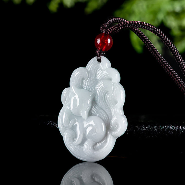 Buddha Stones Halskette mit Anhänger aus natürlicher Jade mit neunschwänzigem Fuchs und Glücksbringer