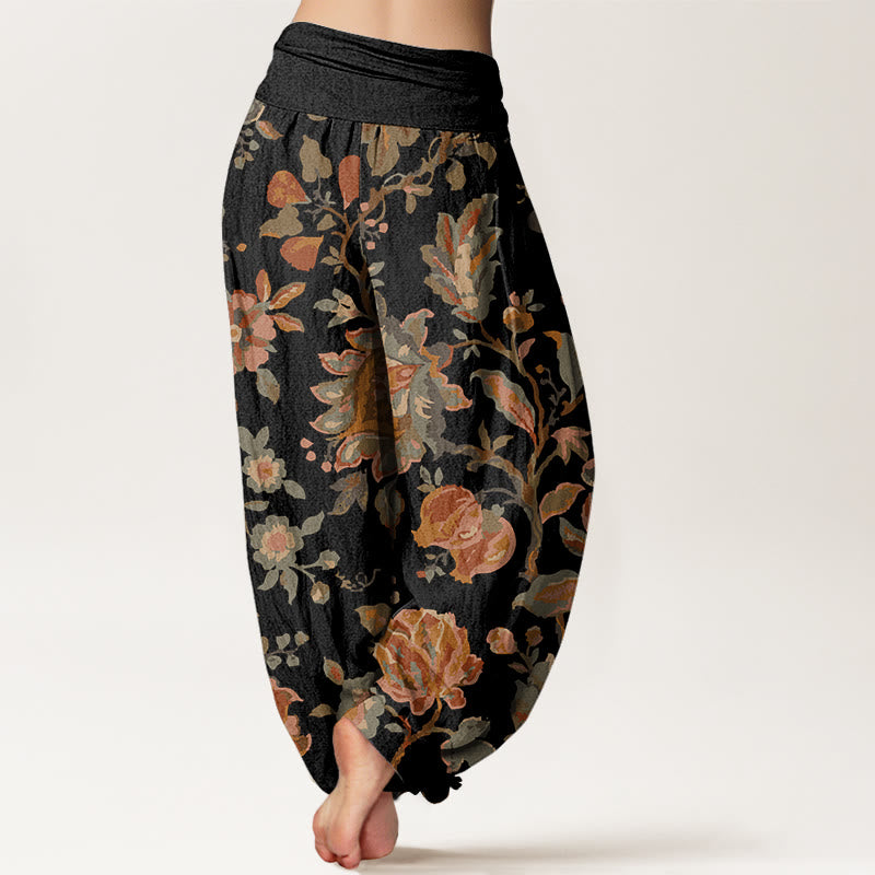 Lässige Haremshose aus Baumwolle mit Buddha Stones Motiv und blühenden Blütenknospen – Damenhose mit elastischem Bund - image 1