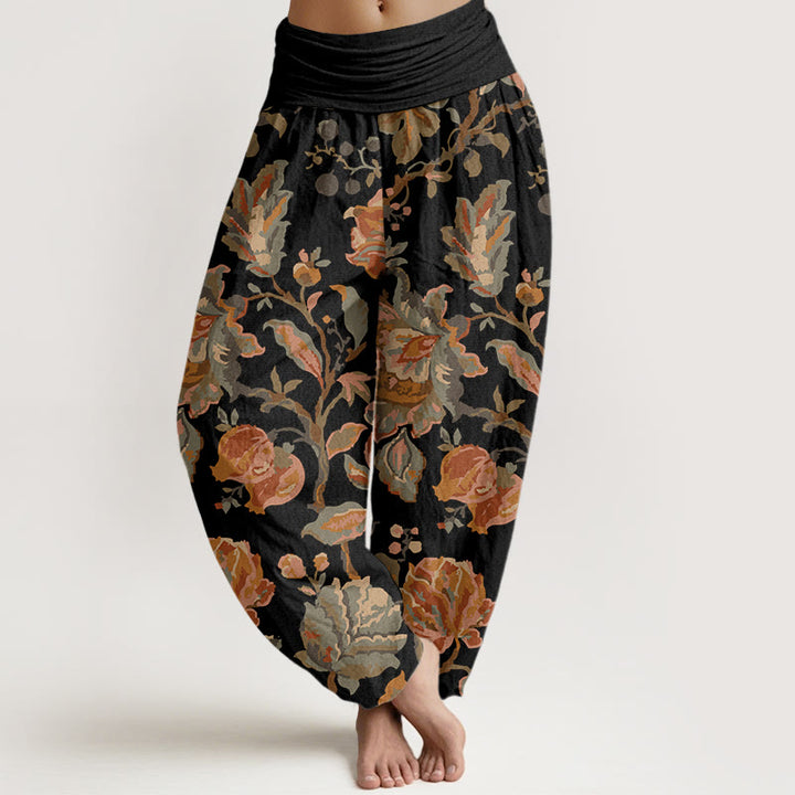 Lässige Haremshose aus Baumwolle mit Buddha Stones Motiv und blühenden Blütenknospen – Damenhose mit elastischem Bund - Schwarz - US22, UK/AU26, EU54 (6XL) - image 0