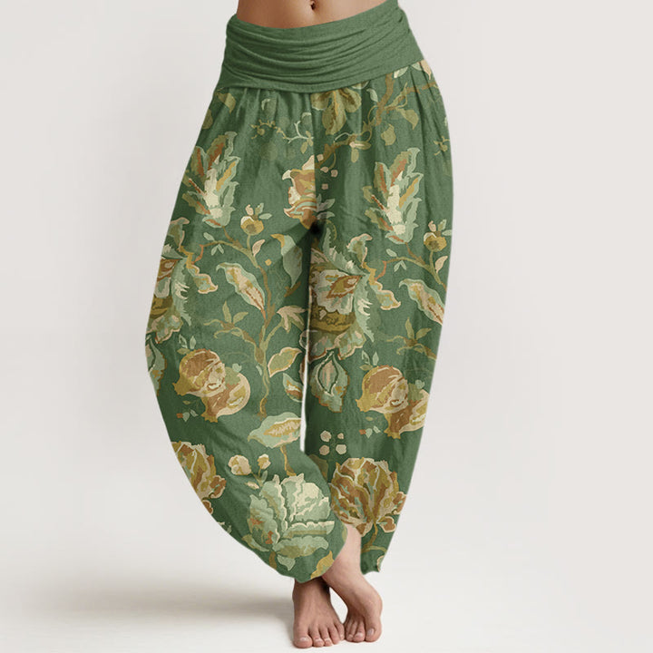 Lässige Haremshose aus Baumwolle mit Buddha Stones Motiv und blühenden Blütenknospen – Damenhose mit elastischem Bund - Dunkelseegrün - US22, UK/AU26, EU54 (6XL) - image 4
