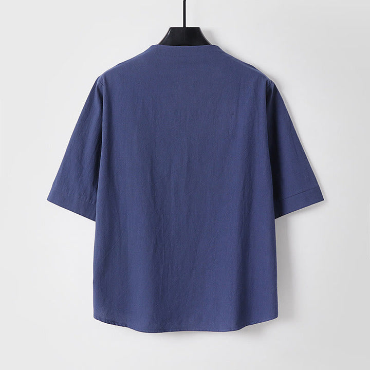 Buddha Stones - Einfarbiges Herrenhemd aus Baumwolle und Leinen mit Dreiviertelärmeln und einem Knopf - image 6