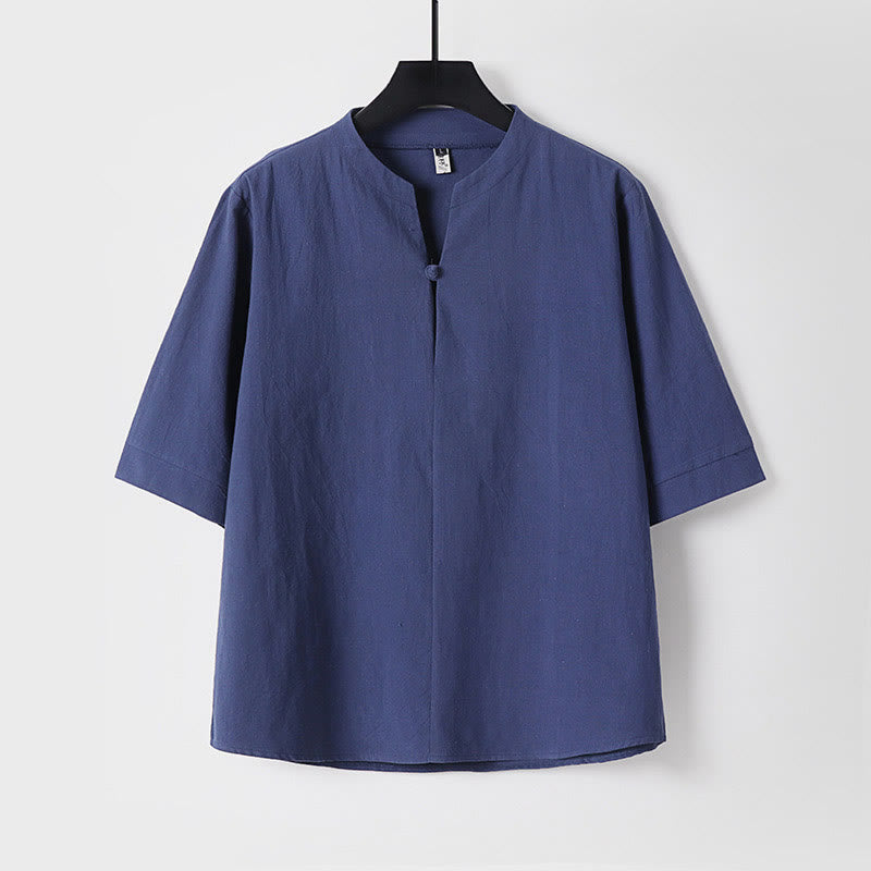 Buddha Stones - Einfarbiges Herrenhemd aus Baumwolle und Leinen mit Dreiviertelärmeln und einem Knopf - Dunkelblau - US/ UK/AU54, EU64 (9XL) - image 4