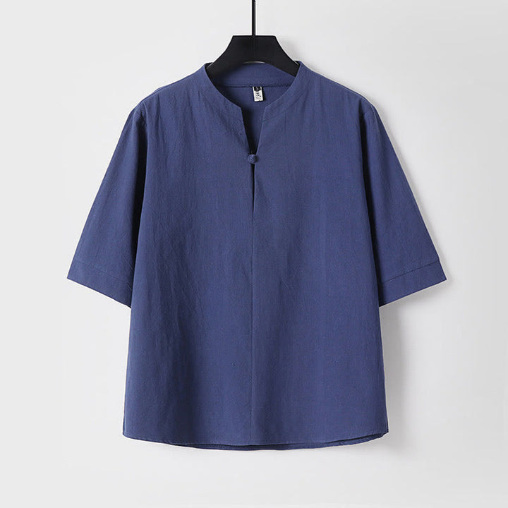 Buddha Stones - Einfarbiges Herrenhemd aus Baumwolle und Leinen mit Dreiviertelärmeln und einem Knopf - Dunkelblau - US/ UK/AU54, EU64 (9XL) - image 4