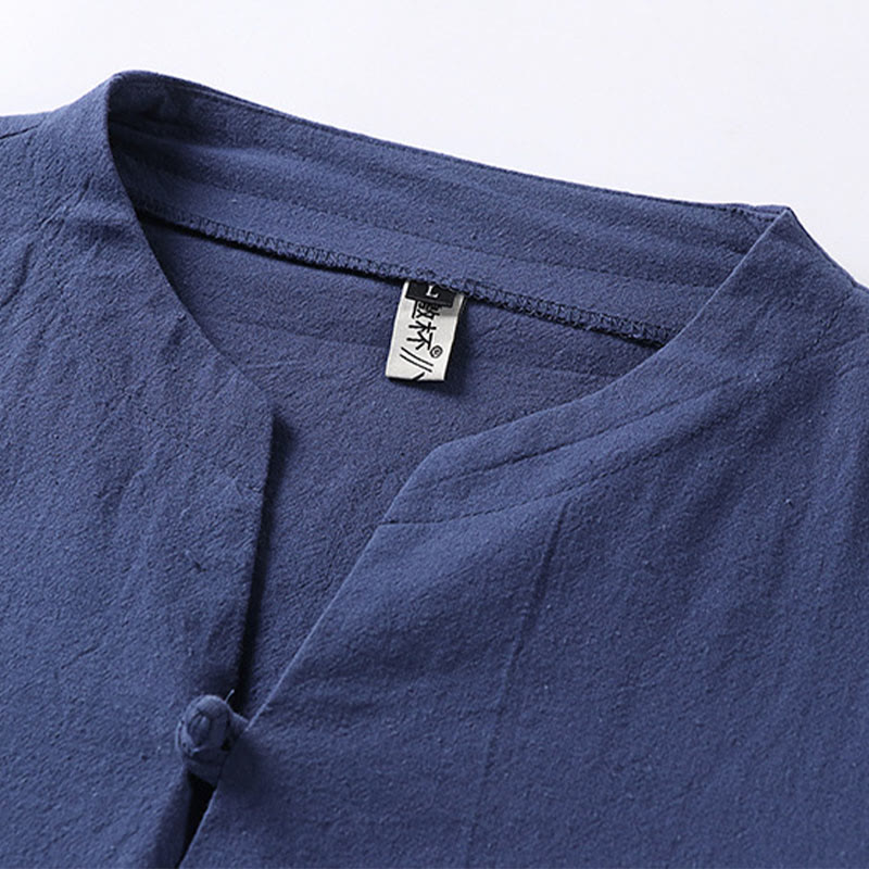 Buddha Stones - Einfarbiges Herrenhemd aus Baumwolle und Leinen mit Dreiviertelärmeln und einem Knopf - image 8