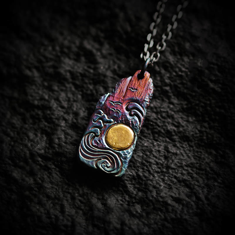 Buddha Stones 999 Sterling Silber 24k Gold Wellen Sonne Balance Halskette Anhänger - Kette aus 999er Sterlingsilber und Titanstahl - image 0