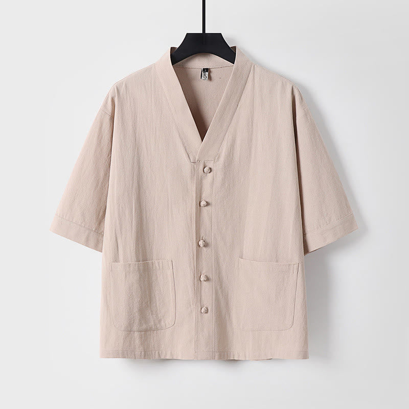 Buddha Stones Lässiges, einfarbiges Herrenhemd aus Baumwolle und Leinen mit Dreiviertelärmeln, Knopfleiste vorne und Taschen - Weizen - US/ UK/AU54, EU64 (9XL) - image 0