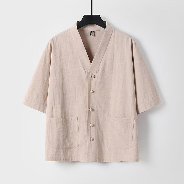 Buddha Stones Lässiges, einfarbiges Herrenhemd aus Baumwolle und Leinen mit Dreiviertelärmeln, Knopfleiste vorne und Taschen - Weizen - US/ UK/AU54, EU64 (9XL) - image 0