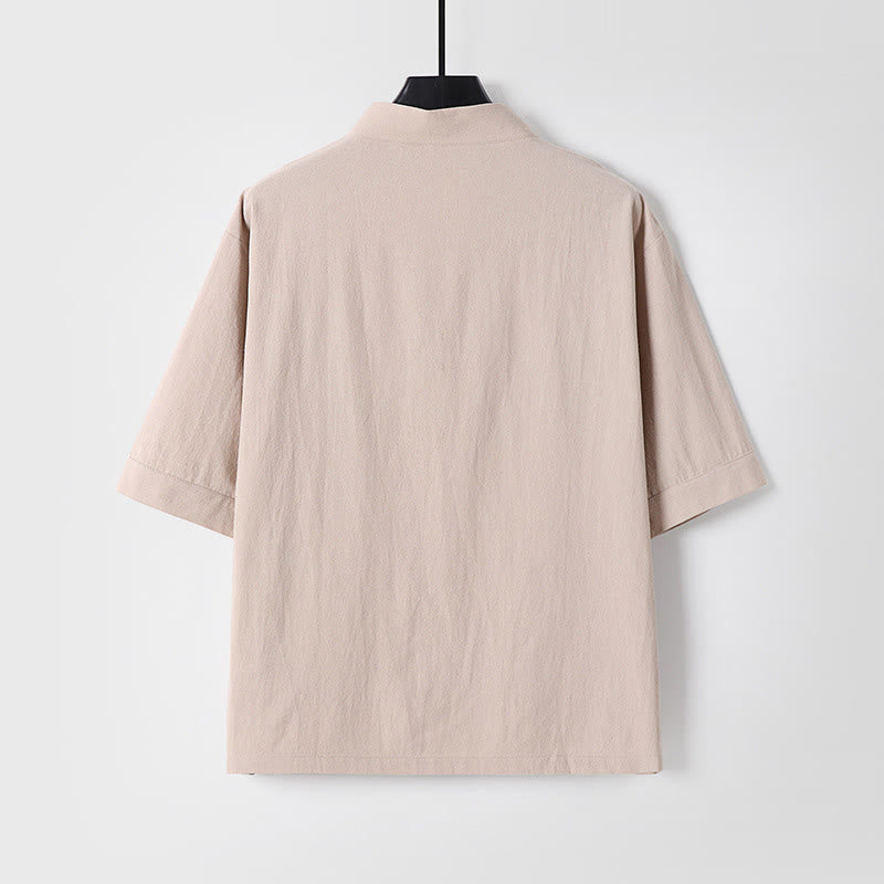 Buddha Stones Lässiges, einfarbiges Herrenhemd aus Baumwolle und Leinen mit Dreiviertelärmeln, Knopfleiste vorne und Taschen - image 1