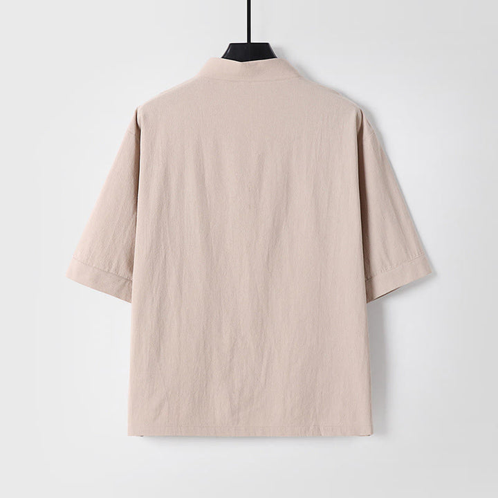 Buddha Stones Lässiges, einfarbiges Herrenhemd aus Baumwolle und Leinen mit Dreiviertelärmeln, Knopfleiste vorne und Taschen - image 1