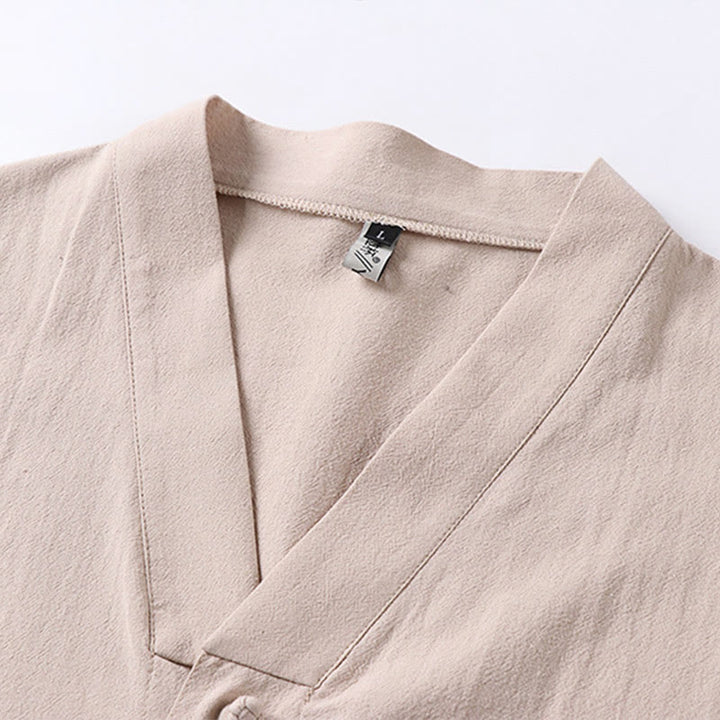 Buddha Stones Lässiges, einfarbiges Herrenhemd aus Baumwolle und Leinen mit Dreiviertelärmeln, Knopfleiste vorne und Taschen - image 3