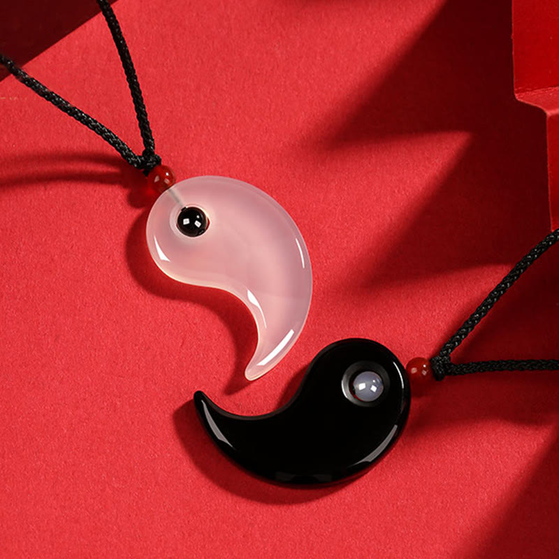 Buddha Stones ​​Schwarz Onyx Weiß Achat Yin Yang Tai Chi Diagramm Glück Paar Halskette Anhänger - image 3