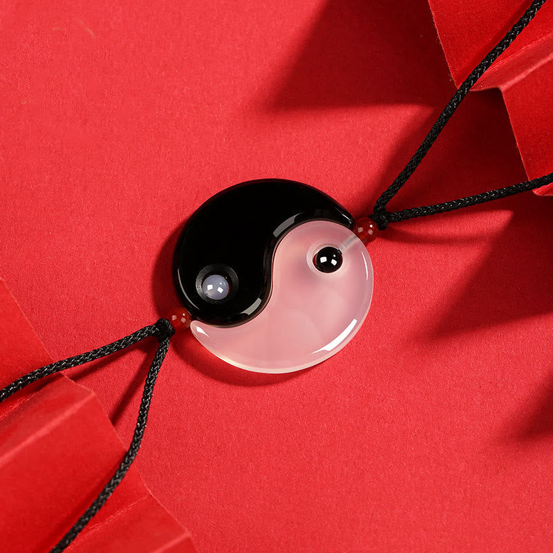 Buddha Stones ​​Schwarz Onyx Weiß Achat Yin Yang Tai Chi Diagramm Glück Paar Halskette Anhänger - image 2
