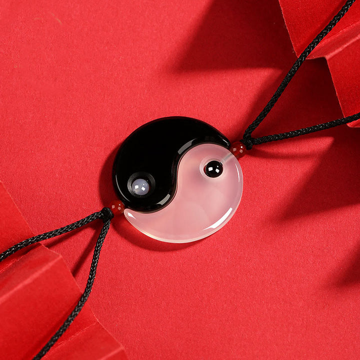 Buddha Stones ​​Schwarz Onyx Weiß Achat Yin Yang Tai Chi Diagramm Glück Paar Halskette Anhänger - image 2