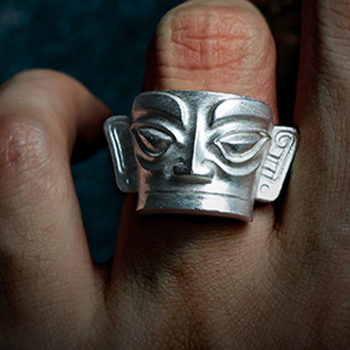 Buddha Stones 999 Sterling Silber Handguss Sanxingdui Maske Schutzring - image 11