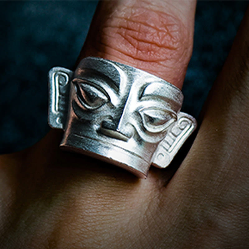 Buddha Stones 999 Sterling Silber Handguss Sanxingdui Maske Schutzring - image 12