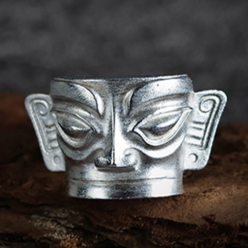 Buddha Stones 999 Sterling Silber Handguss Sanxingdui Maske Schutzring - image 1