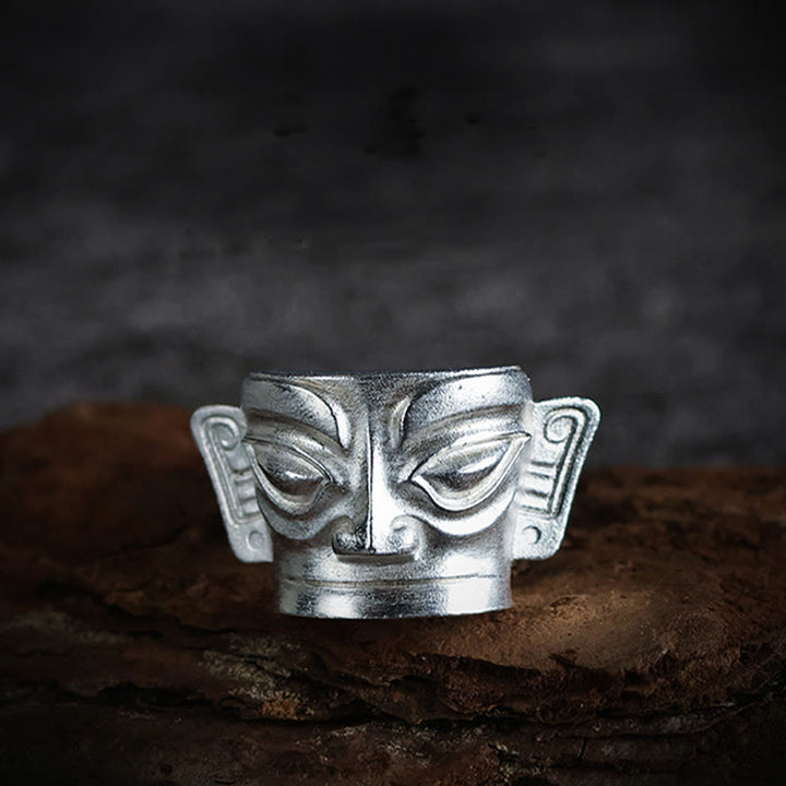 Buddha Stones 999 Sterling Silber Handguss Sanxingdui Maske Schutzring - image 8