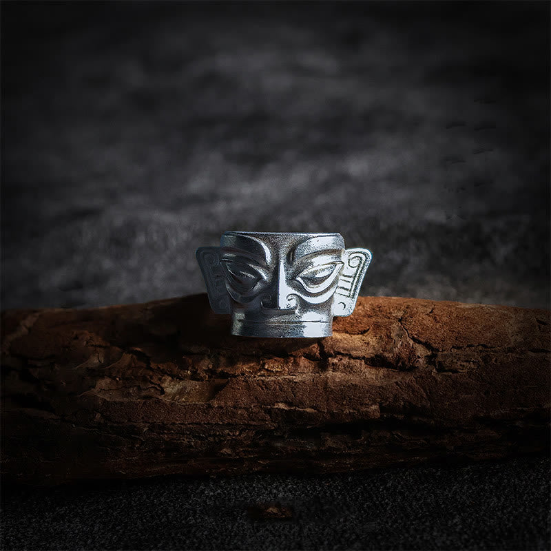 Buddha Stones 999 Sterling Silber Handguss Sanxingdui Maske Schutzring - 999 Sterlingsilber - US10 - image 0