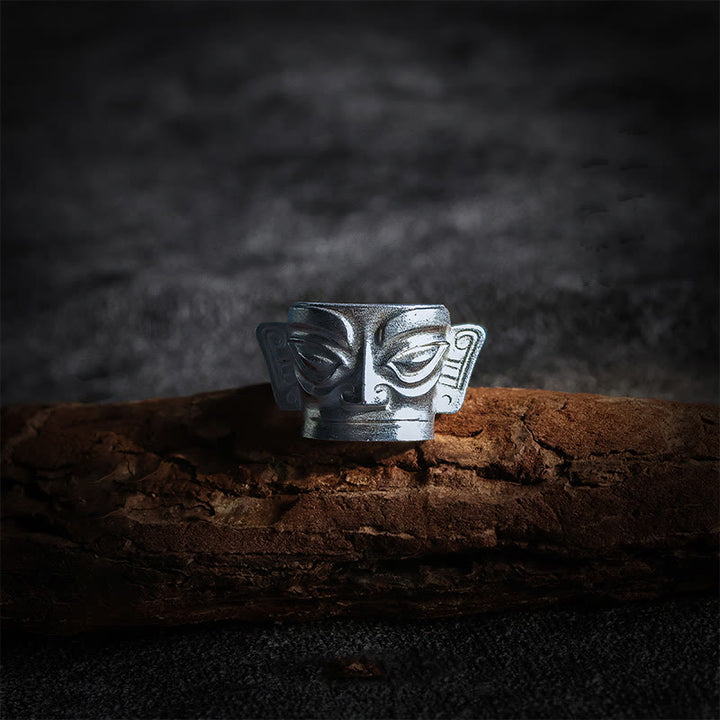 Buddha Stones 999 Sterling Silber Handguss Sanxingdui Maske Schutzring - 999 Sterlingsilber - US10 - image 0