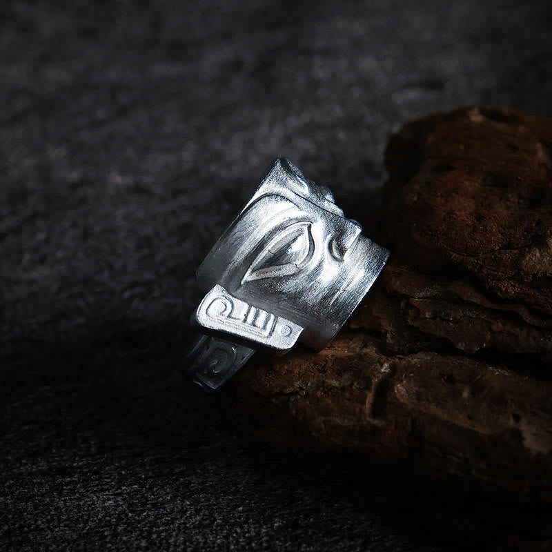 Buddha Stones 999 Sterling Silber Handguss Sanxingdui Maske Schutzring - image 2