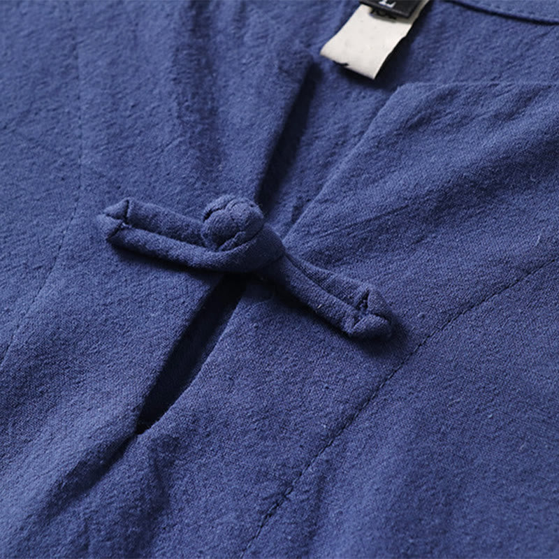 Buddha Stones Lässiges, einfarbiges, kurzärmliges Herrenhemd aus Baumwolle und Leinen mit einem Froschknopf - image 8