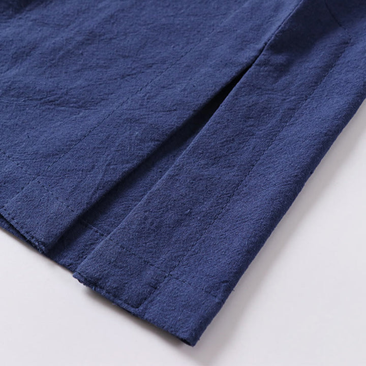 Buddha Stones Lässiges, einfarbiges, kurzärmliges Herrenhemd aus Baumwolle und Leinen mit einem Froschknopf - image 10