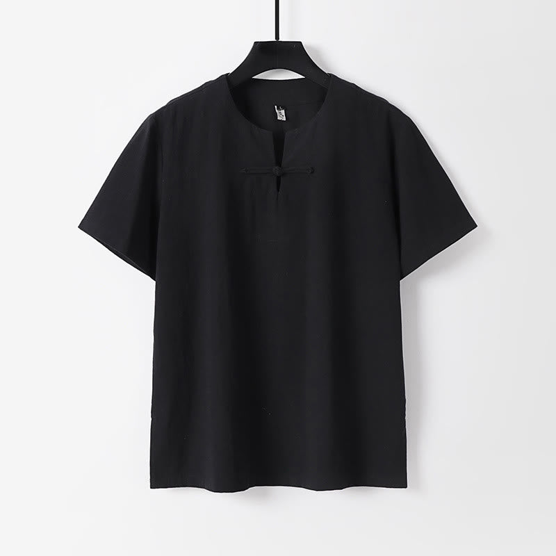 Buddha Stones Einfarbiges Kurzarm-Herrenhemd aus Baumwolle und Leinen mit einem Froschknopf - Schwarz - US/ UK/AU54, EU64 (9XL) - image 2