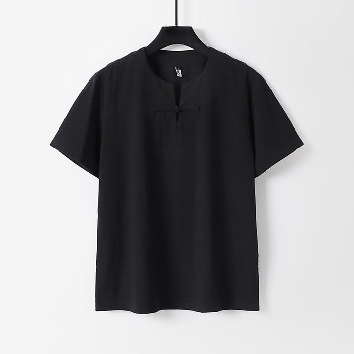 Buddha Stones Einfarbiges Kurzarm-Herrenhemd aus Baumwolle und Leinen mit einem Froschknopf - Schwarz - US/ UK/AU54, EU64 (9XL) - image 2